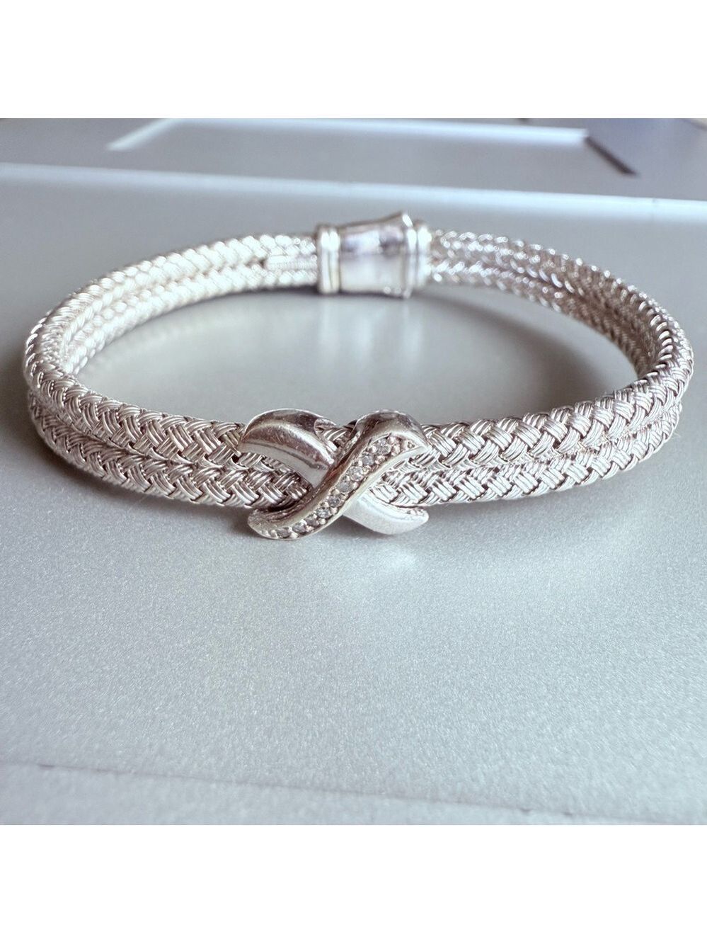 RCI TURKEY Mesh Basket Weave Cable Diamond Station Sterl Bangle Bracelet